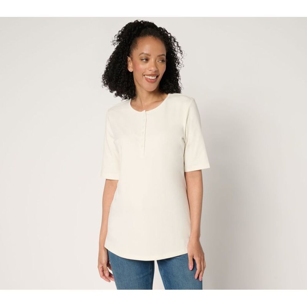Denim & Co. Women's Top Plus Sz 2X Essentials Perfect Jersey Henley White